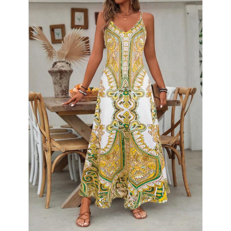 Women's Summer Vintage China Print Casual Long Dress – Loose Beach Cover-Up, Adjustable Spaghetti Strap Flowy Artistic Sundress