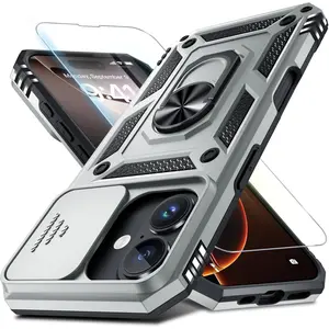 Janmitta Case for iPhone 15 Phone Cover Built in Slide Camera Lens Cover+Screen Protector,Heavy Duty Shockproof Full Body PhoneCase with Finger Ring Holder Kickstand,Silver