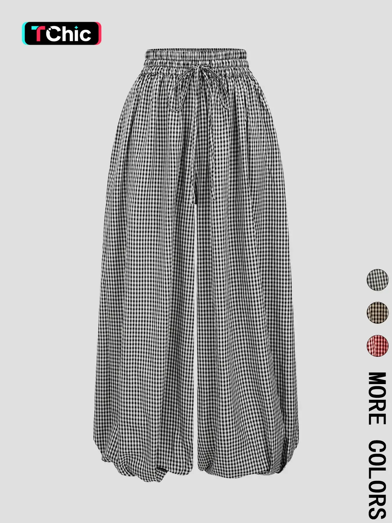 Women's Gingham Woven Wide Leg Pants, Elastic High Waist with Drawstring, Balloon Hem, Daily Casual Vacation Wear