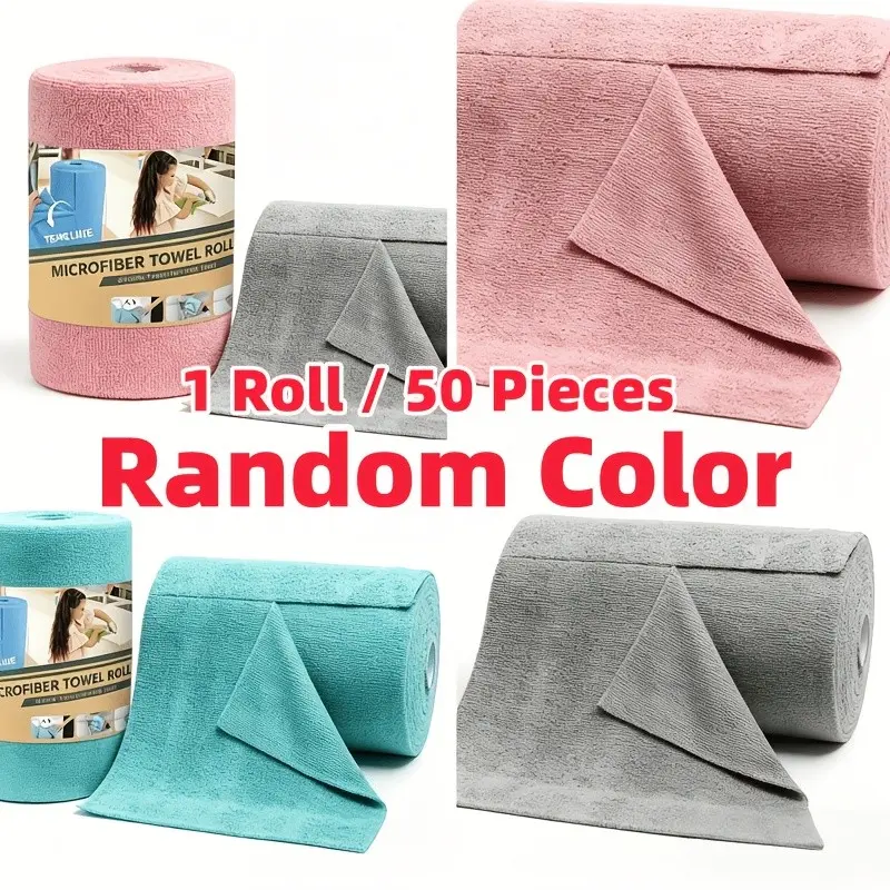 50pcs Extra Large Thick Microfiber Cleaning Cloths, Reusable 4.0m Roll, Super Absorbent, Kitchen, Window, Car, Cup Cloth, Random Colors