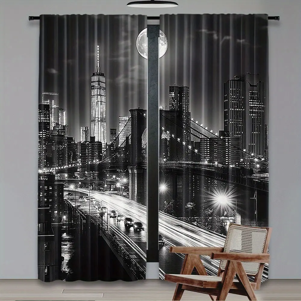 Black and White 2-Piece Cityscape Print Curtain Set - New York Night View, Urban Theme, 29.53in, Ideal for Bedroom Decor, Living Rooms cabinet