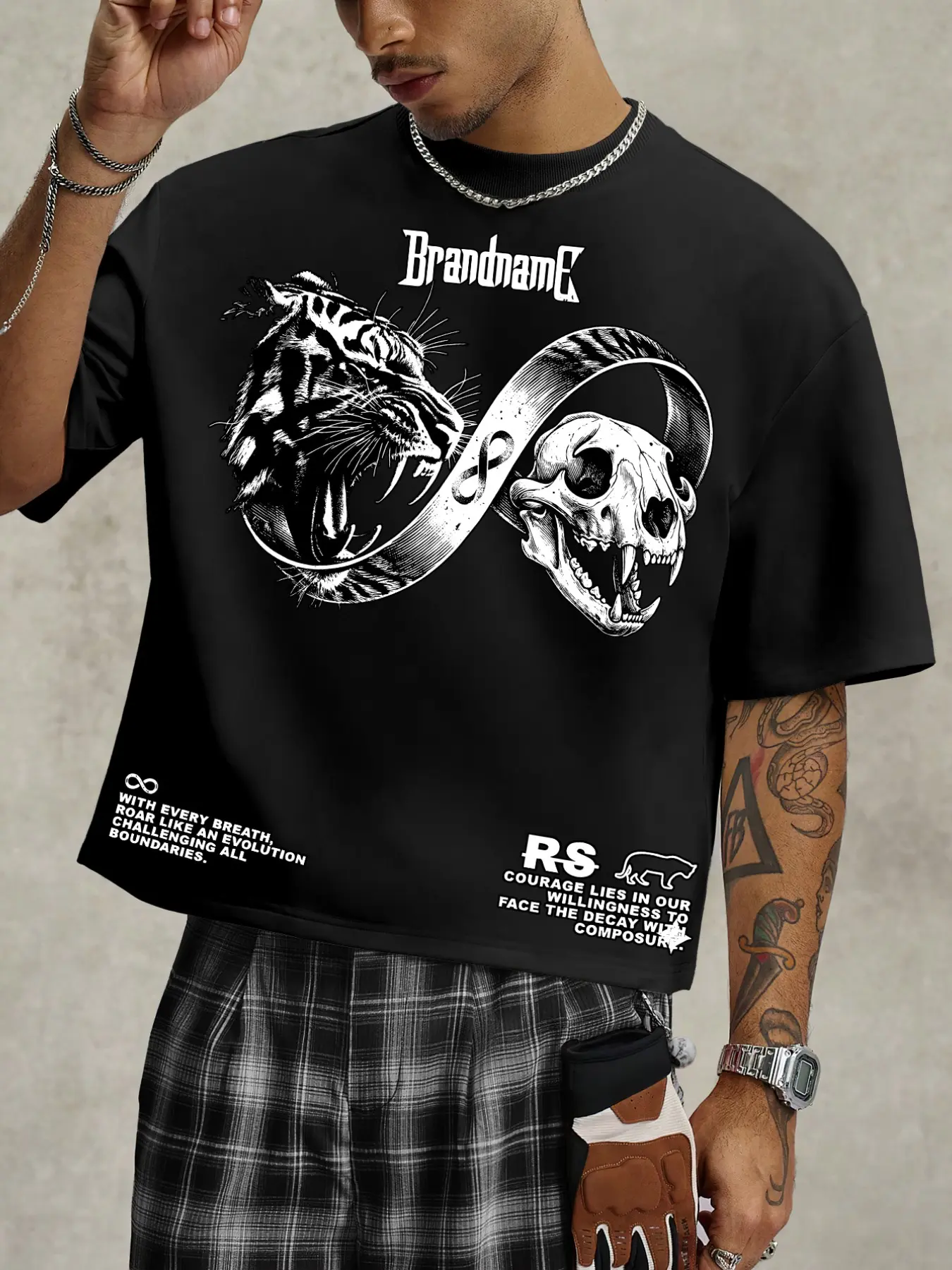 Men's Casual Loose Fit T-Shirt, Vintage Infinity Symbol Tiger Head Print, Perfect for Daily Wear, Travel, Dates, and Dinners