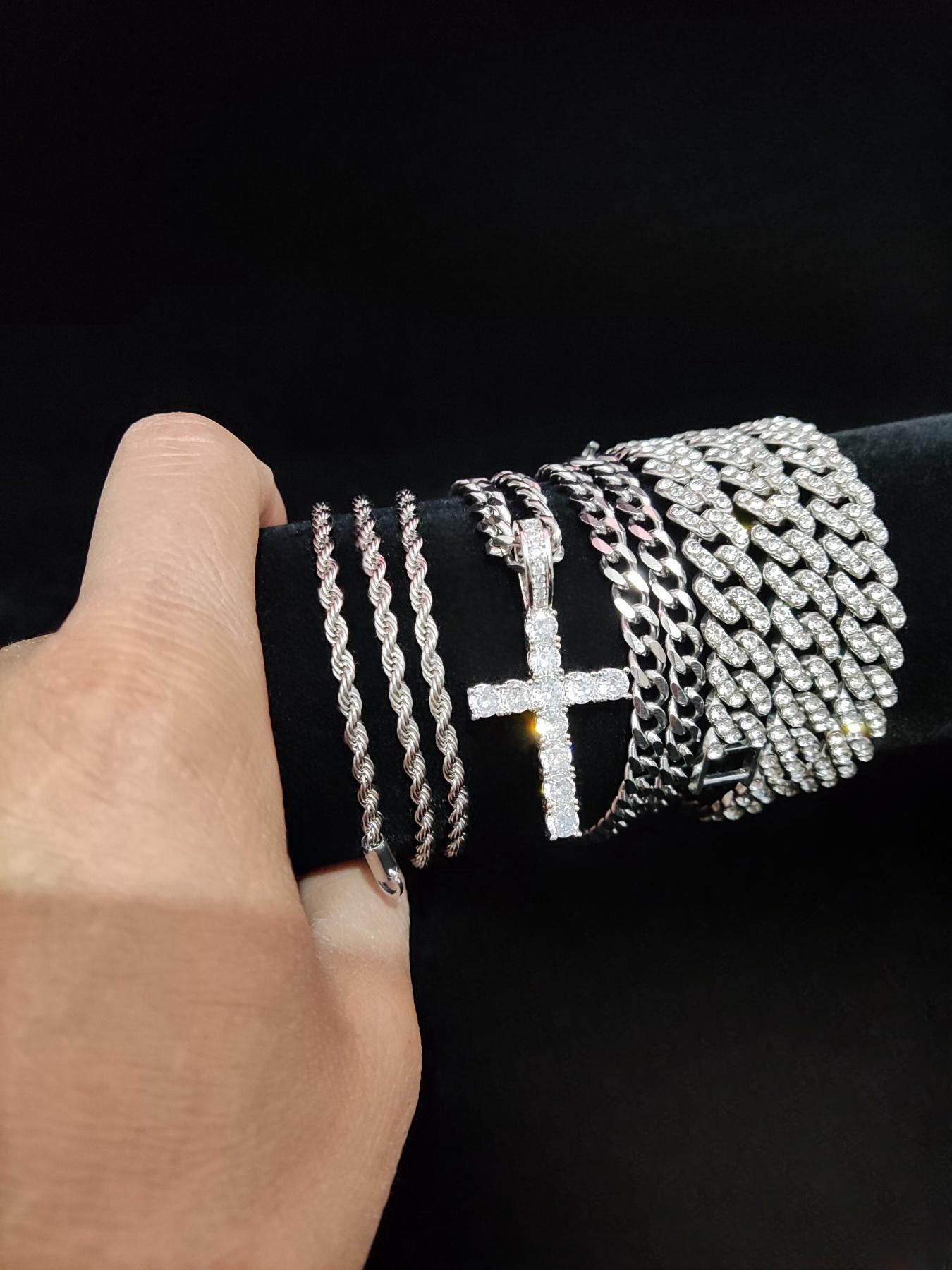 Street Style Artificial Zircon Inlaid Iced Out Cross Pendant & Cuban Chain Necklace, Fashion Jewelry for Party, Daily Clothing Decor, Trendy All-match & Exquisite Jewelry for Birthday Gift