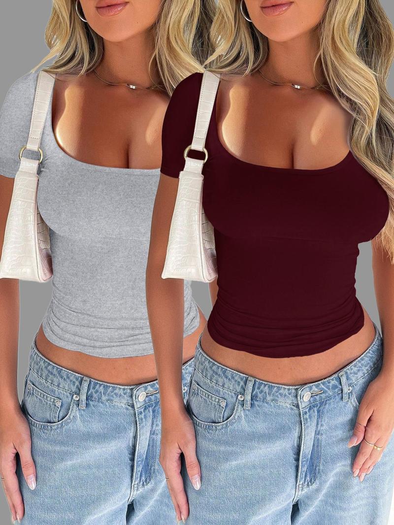 Pure Color Casual Slim Fit U Neck Short Sleeve T-Shirt, Summer Thin Fabric Kint Style Tee for Women, Comfortable Daily Wear