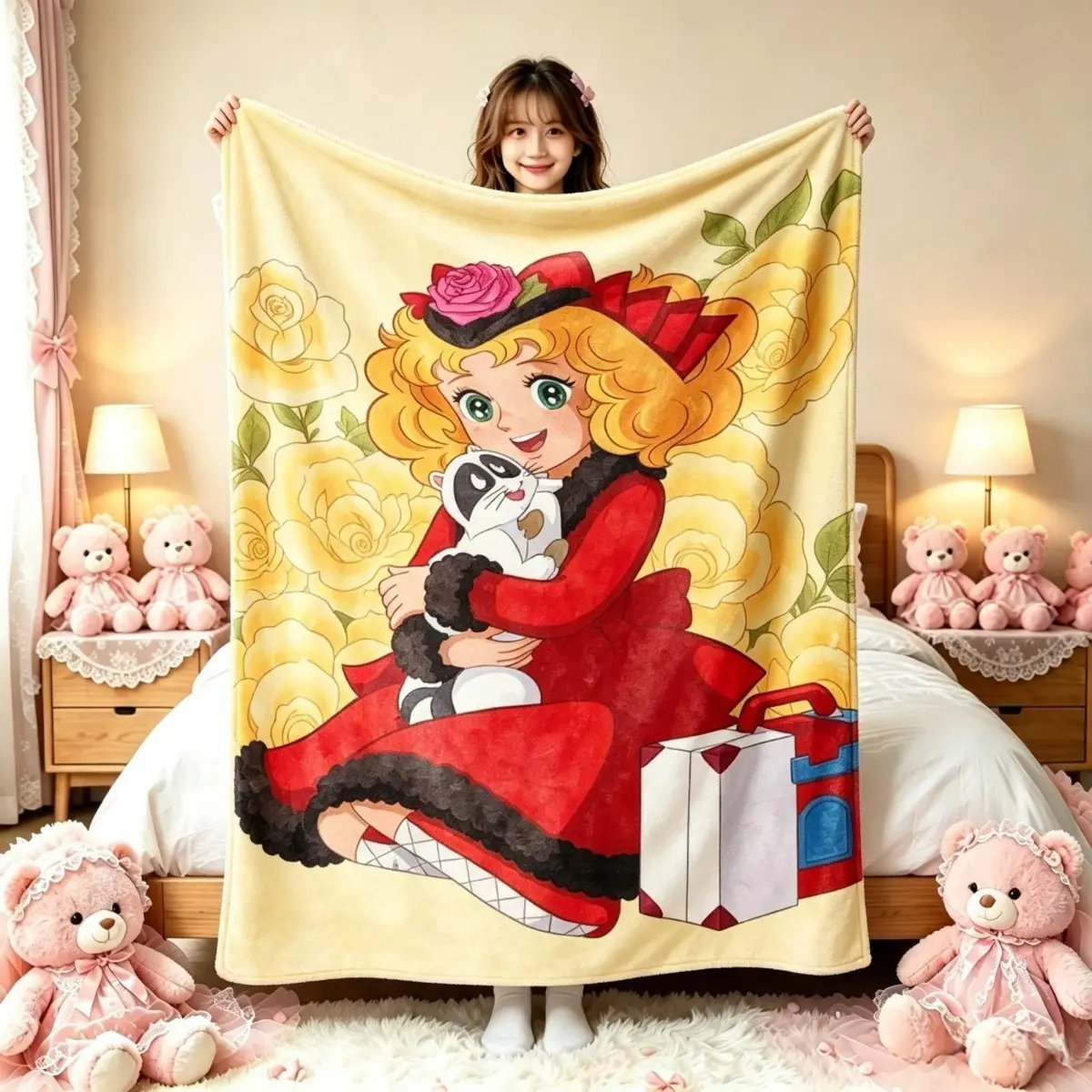 Candy Candy Classic Retro Anime Character Flannel Throw Blanket, Yellow Rose Background Vibrant Cartoon Print Soft All Season Blanket, Multi-use Cover for Bedroom Office Camping Travel, Perfect Birthday Holiday Gift For Vintage Anime Fans And Candy Candy