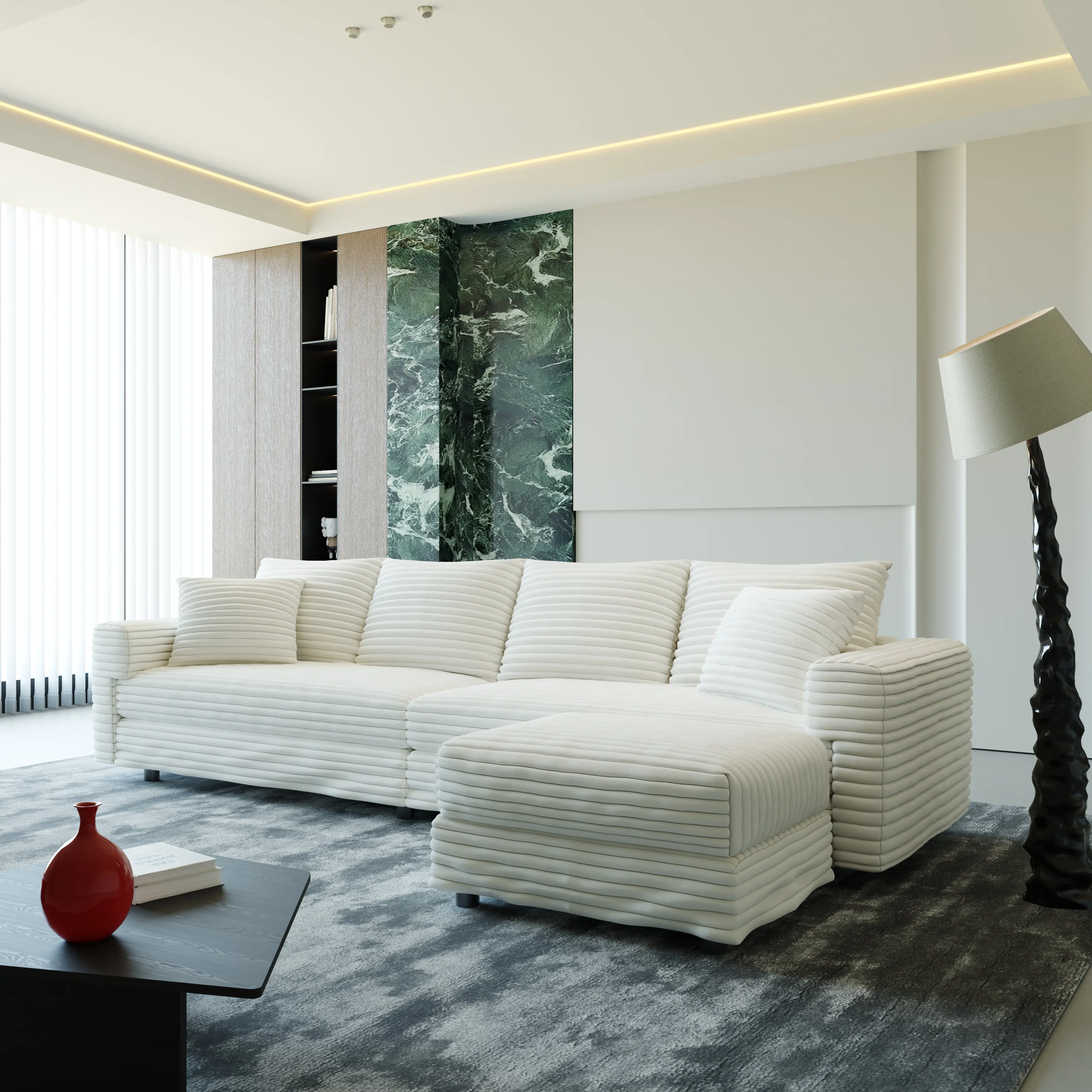 Nokaa Plush Corduroy 4-Seat Cloud Couch with Ottoman, Deep Seat Living Room Sofa, Modern Upholstered Couch with Soft Pillows, Convertible Lounge Chair for Office, Beige, 102.4W x 59D x 25.6H, Corduroy Material