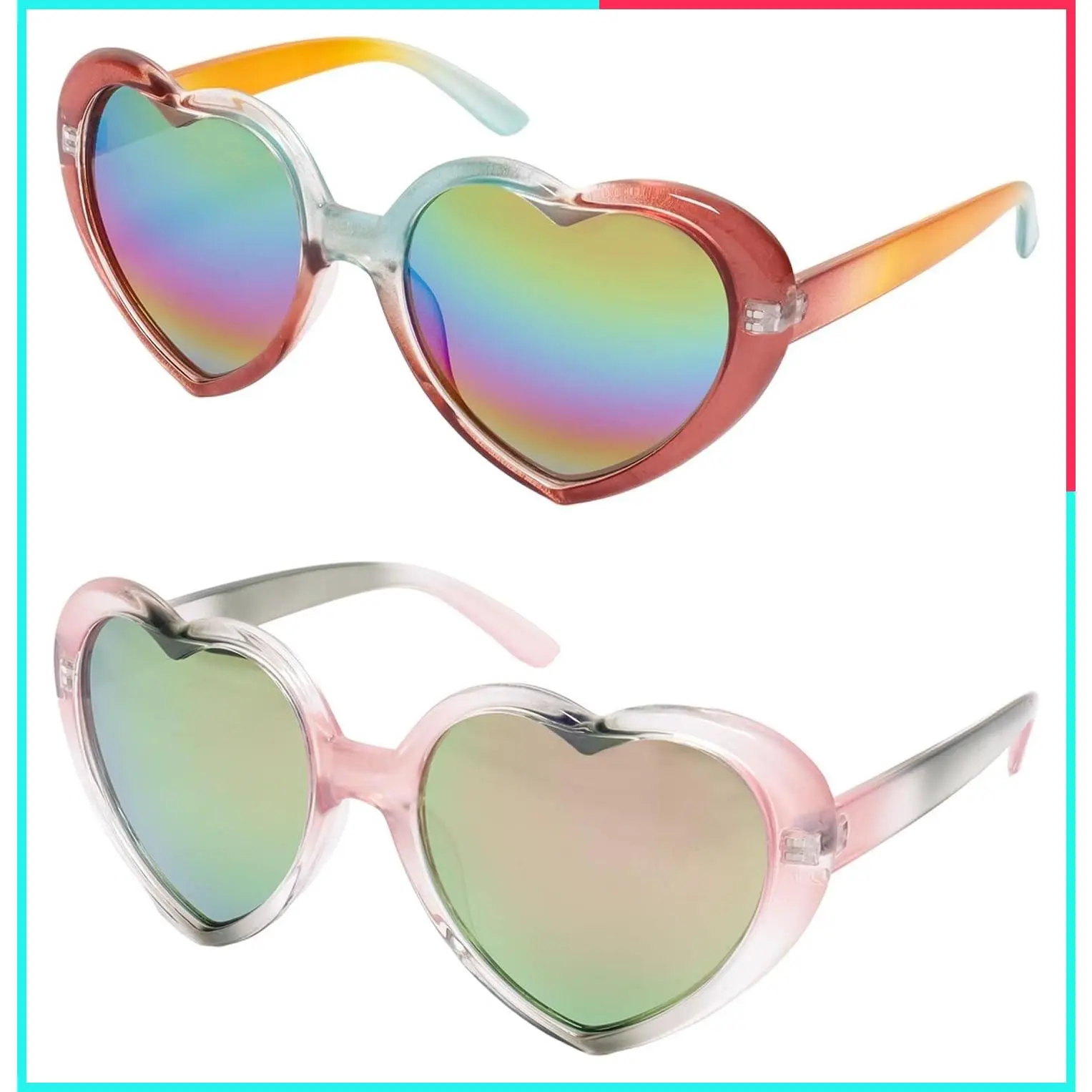 2pcs Heart Shaped Sunglasses for Women, Rainbow Mirror Lens, Retro Party Eyewear for Beach, Pride Parade, Festival, Cosplay & Summer