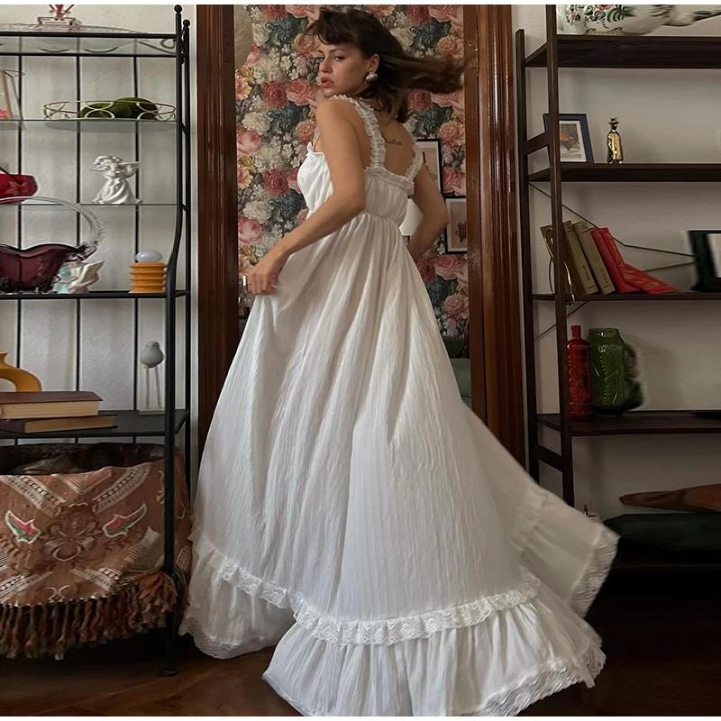 Women's Elegant White Tiered Cami Long Dress Lace Trim Ruffle Flowy Maxi Sundress Sleeveless A-Line High Waist Summer Dress