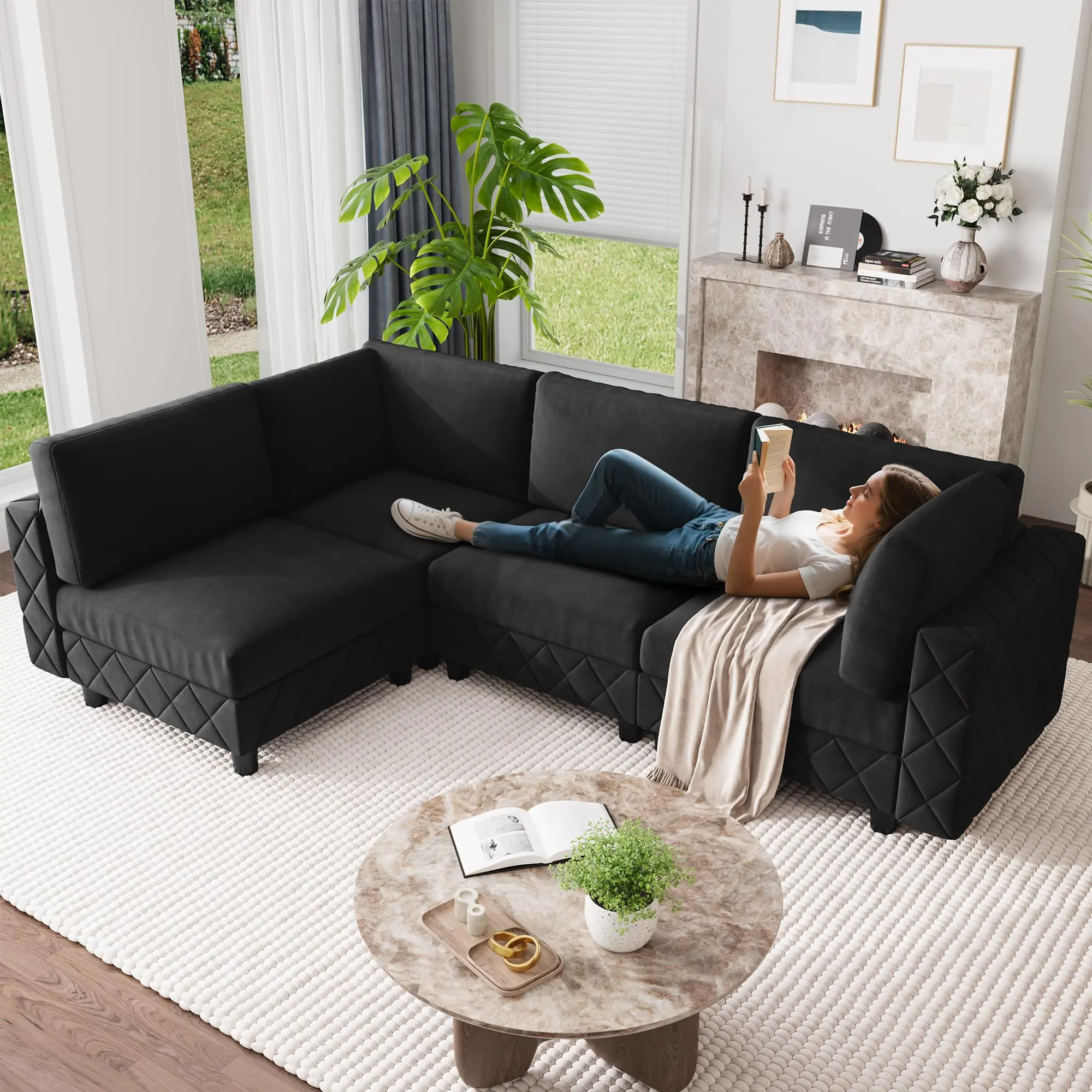 Garvee 103" Modular Sectional Sofa with Velvet Upholstery, Convertible Design, 1200LBS Capacity, Deep Seat Oversized Couch, Includes Black and Blue Diamond Tufted Armrest Modules with Wood Frame for Living Room and Apartment