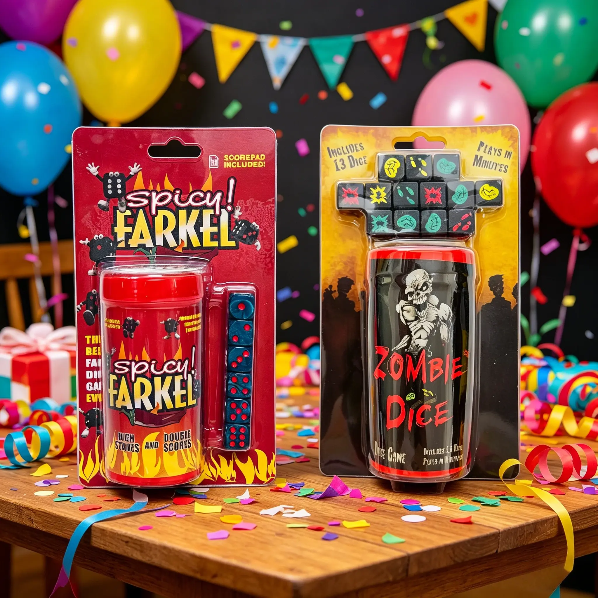 Spicy Farke/Zombie Dice - Family Games, Travel Games, Portable Fun Edition with Double Scores & Turn Steals for Thrilling Fun: Take the classic game to the next level! This version of Farkel allows bold players to double scores and steal turns