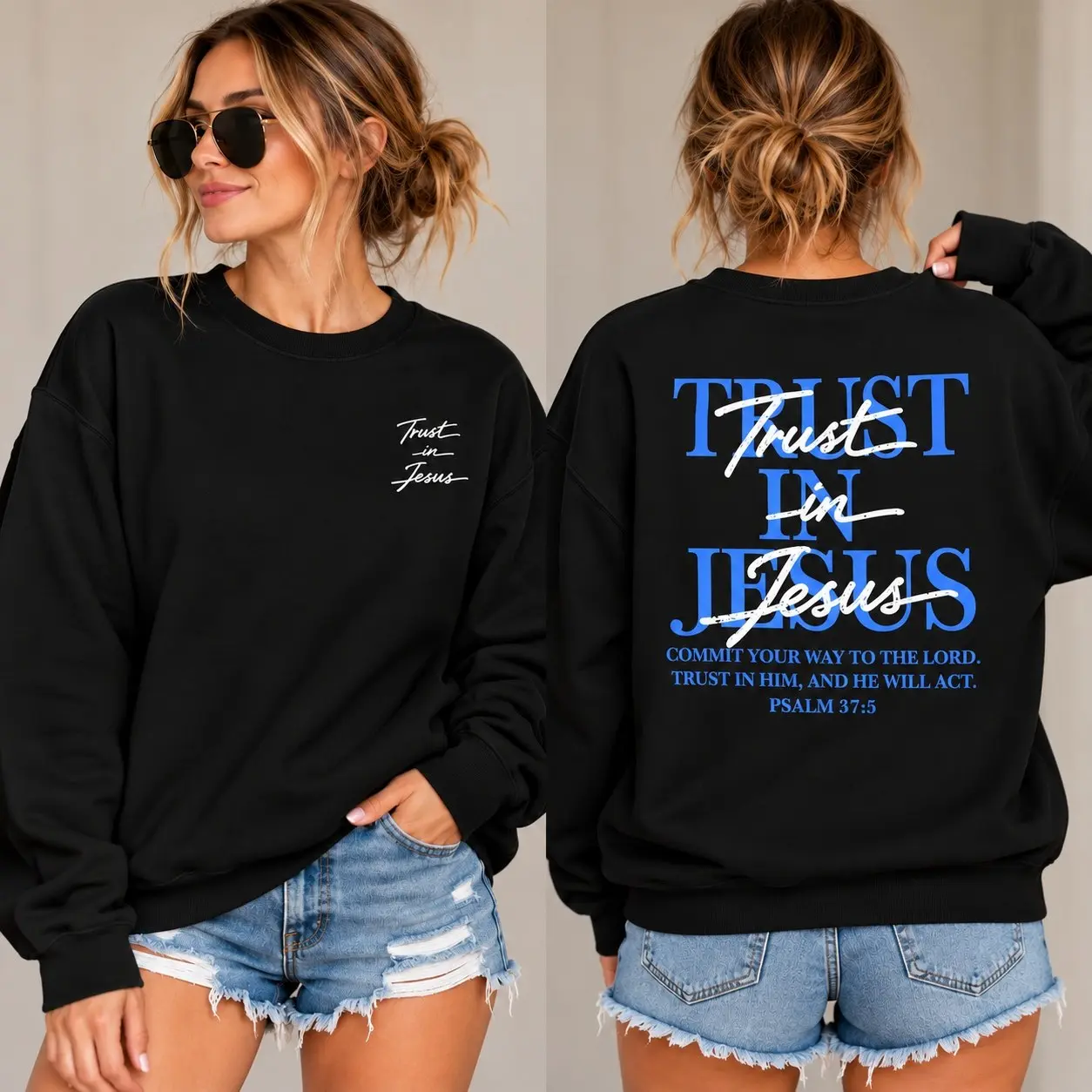 Trust in Jesus Christian Graphic T-Shirt or Crewneck Sweatshirt, Small Front Faith Script and Psalm 37:5 Back Print, Unisex Religious Shirt