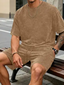 Men's Summer Vintage Loose Fit Two-Piece Set, Casual Slim-Fitting Tee and Shorts, Marble Pattern, Unlined, No Zipper or Button