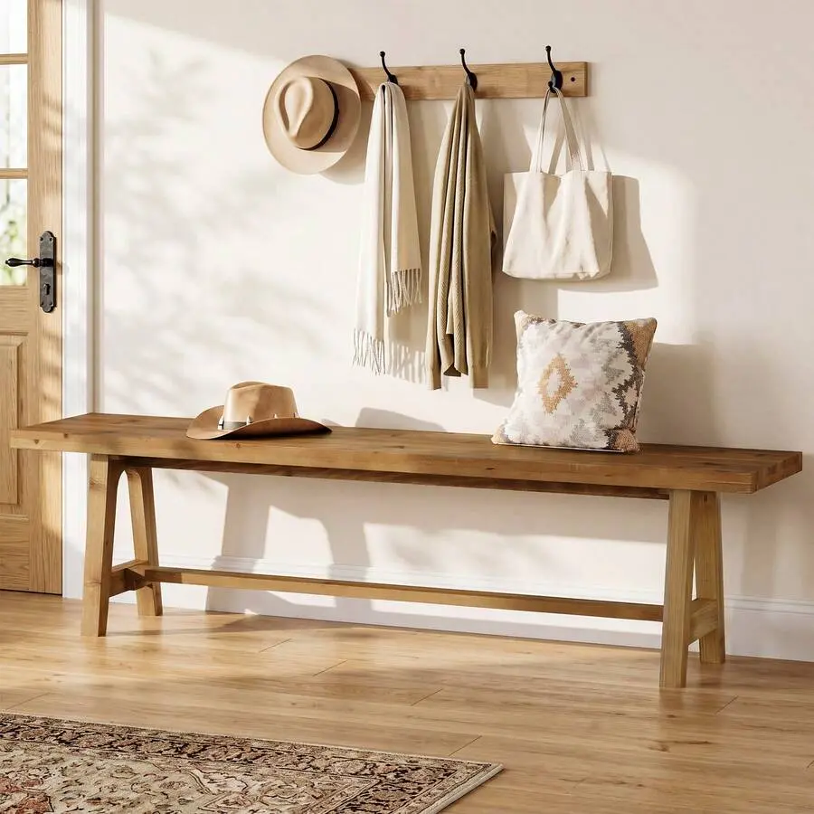 Solid Wood Entryway Bench, 63" Long Rustic Hallway Shoe Bench, Narrow Indoor Foyer Seat Entryway, Bedroom, Mudroom