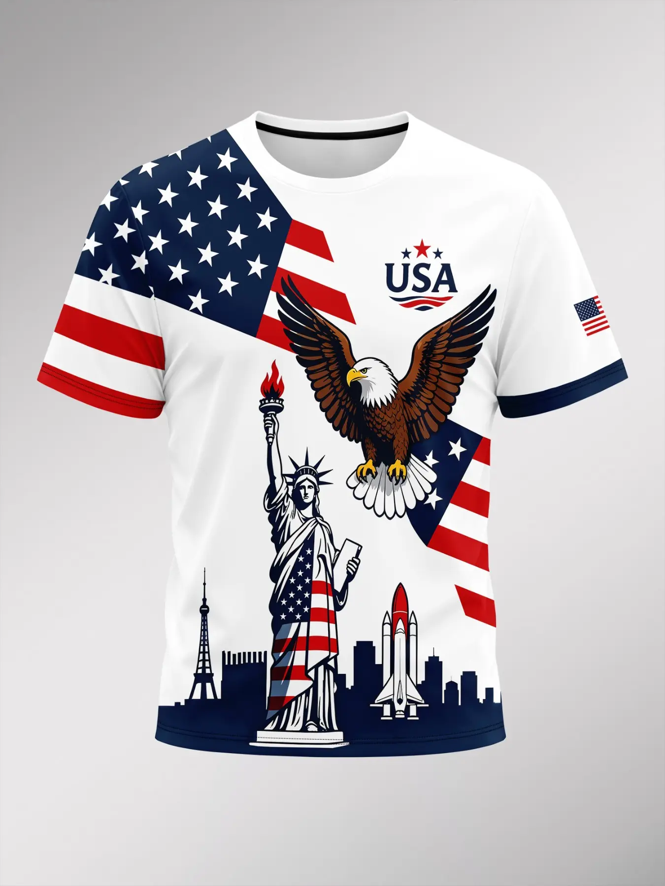 Men's USA Star American Flag Print Crew Neck Slim Fit Short Sleeve T-Shirt, Streetwear Fashion Menswear Tee, Patriotic 4th Of July Themed Design, For Daily Casual & Gym Wear, All Season Essential Men Clothing
