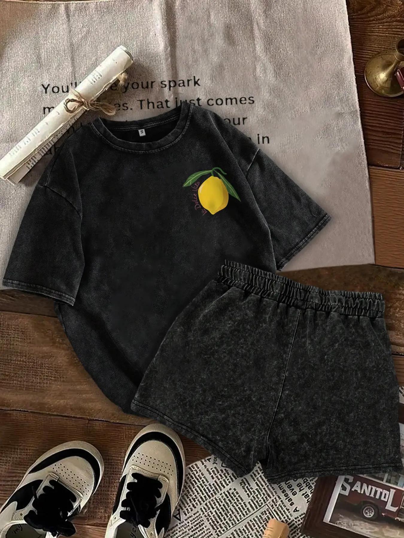 Two-Piece Set Women's Lemon Print Short Sleeve Tee & Shorts, Casual Round Neck T-shirt & Shorts, Summer Clothes for Daily Wear, Suits