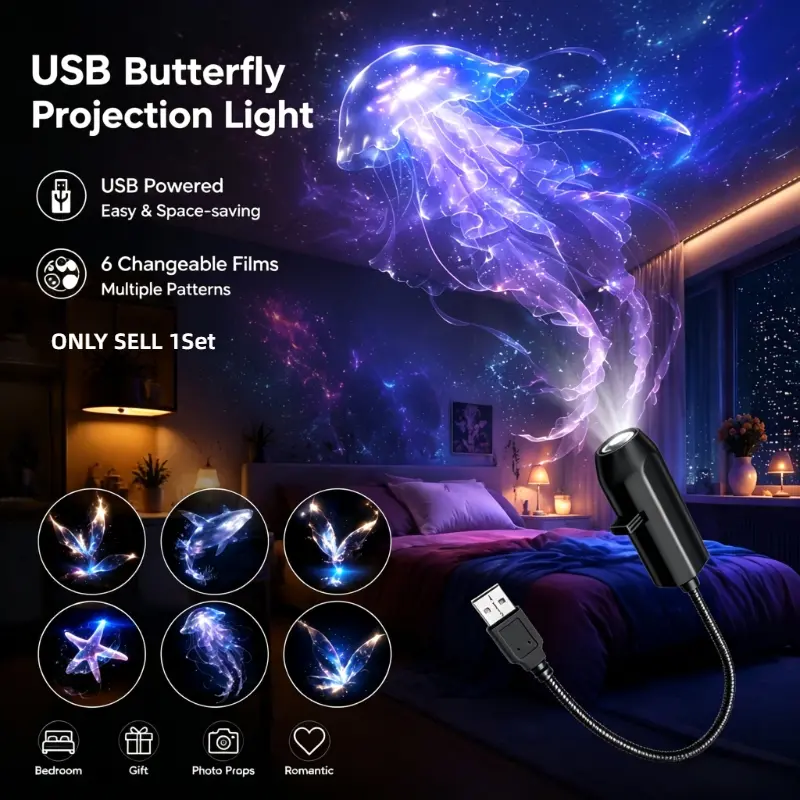 USB 5V Wall Mount LED Projector Night Light with 6 Replaceable Ocean Slides Whale Jellyfish Butterfly Starfish Projection Lamp Bedroom Decor Gift