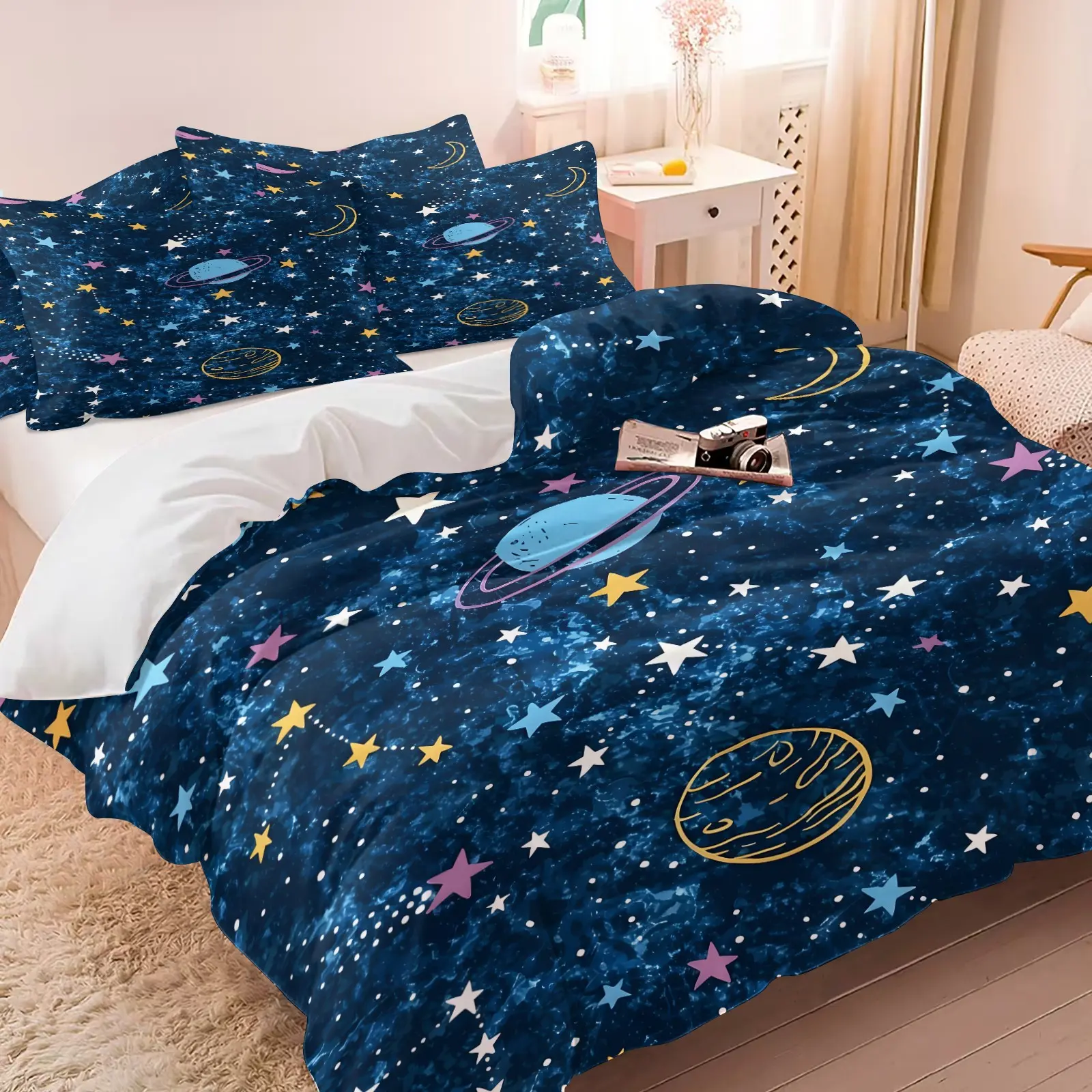 3PCS Dark Blue Cartoon Space Planet Duvet Cover Set (1 Duvet Cover + 1-2 Pillowcases), Kids Star Moon Galaxy Nebula HD Digital Print, Soft Cozy Skin-Friendly All Seasons Bedding, Perfect for Outer Space Lover Boys Children Bedroom Decor