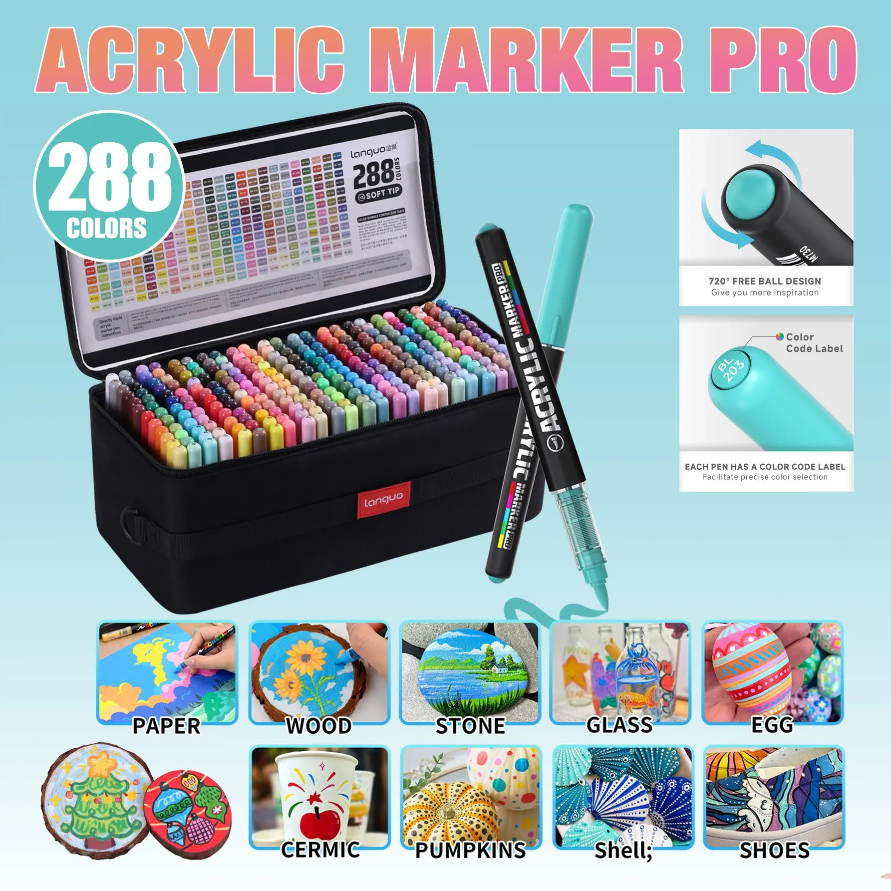 Languo Ink Pro Marker Pen Set, 288 Colors, Acrylic Markers, Vibrant Colors, Large Capacity, Soft Tip 1-5mm, Art Supplies, DIY, Portable