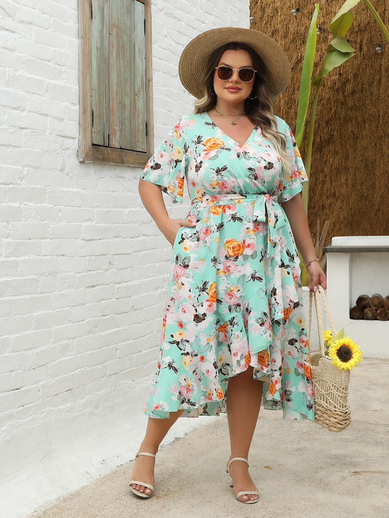 Plus Size Floral Print Ruffle Hem Belted Wrap A Line Dress, Boho Butterfly Sleeve V Neck High Low Midi Dress, Women Casual Clothing for Spring & Fall