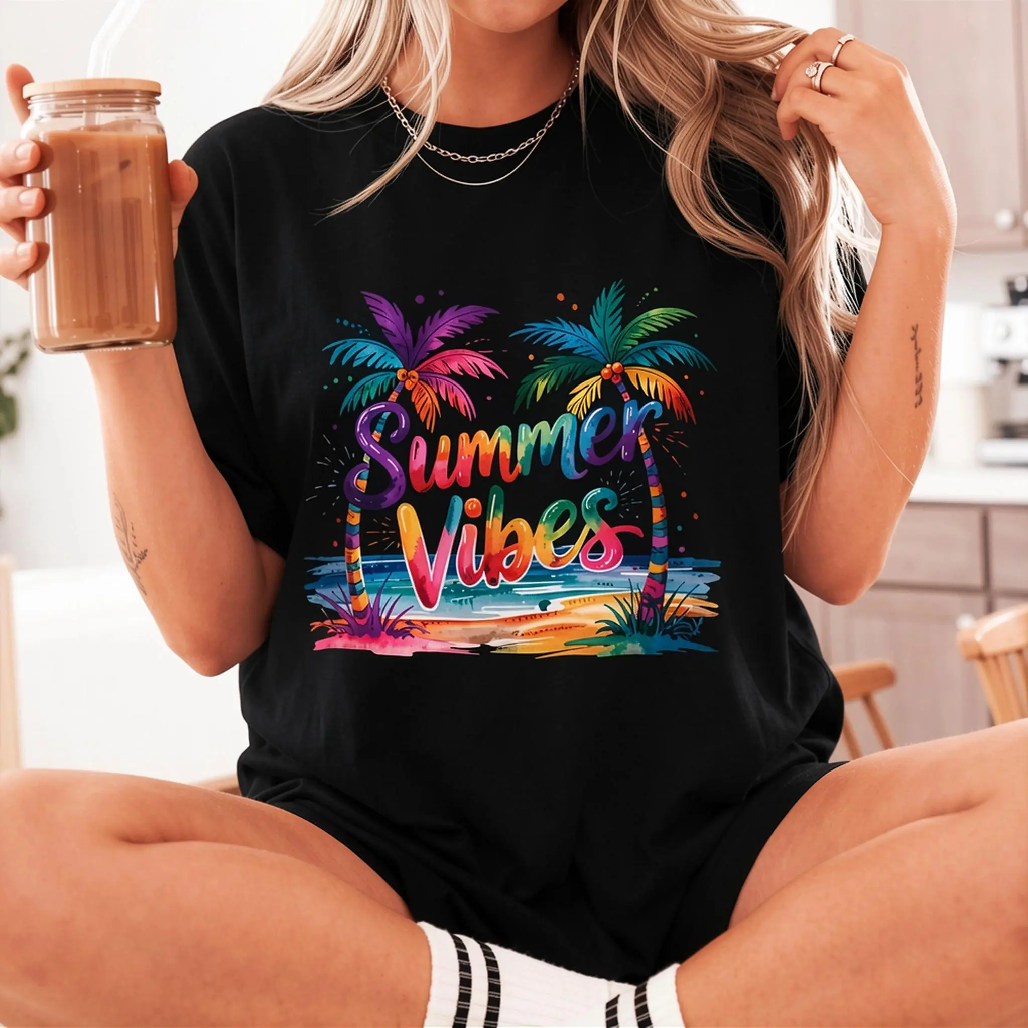 Women's Y2K Tropical Palm Tree & Summer Vibes T-Shirt – Crew Neck, Short Sleeve Beach Top featuring Light Pink, Purple, Blue, Yellow, Orange, and Teal Prints – Casual Spring/Summer Wear, Vacation Essential, and Ideal Gift for Women