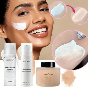 Veronni Foundation Set, Primer, Liquid Foundation, Loose Powder, Poreless, Oil Control, Long-Lasting, Waterproof, Gift Box