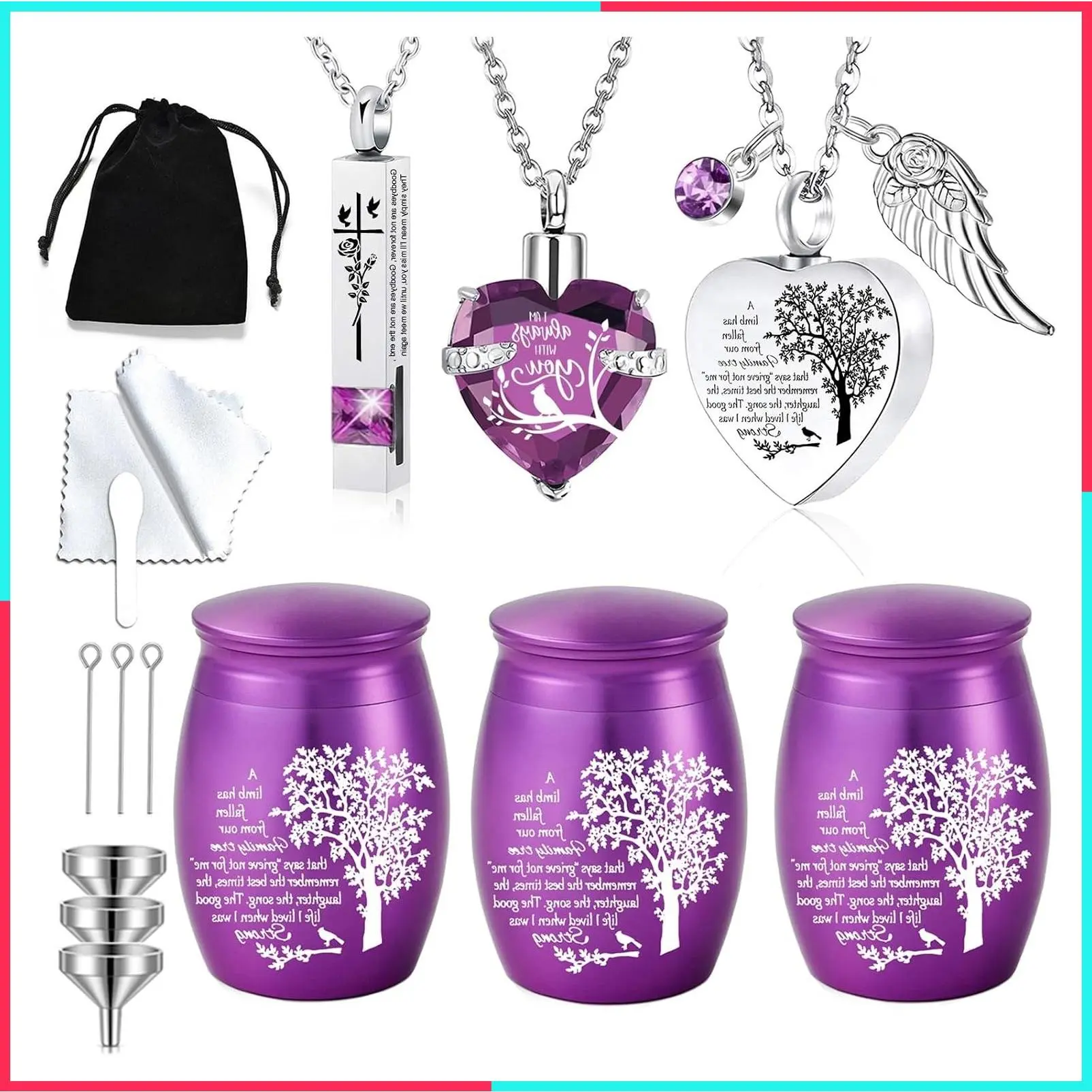Set of 6 Cremation Urn Necklaces for Ashes - Small Keepsake Memorial Urns for Human & Pet Ashes, Sympathy Sharing Jewelry, "A Limb Has Fallen from the Family Tree" Quote, Purple