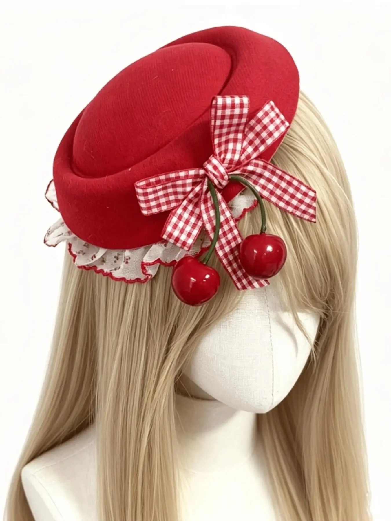 Cherry Lace Mini Hat Hair Clip, Sweet Plaid Bow Headband, Millennial Cute Hair Accessory, Ideal for Women, Girls Tea Party, Role Play