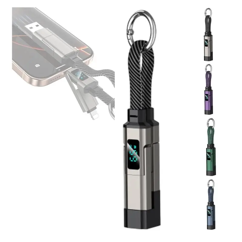 4-in-1 Digital Display Keychain Charging Cable 240W Fast Charging Short Cable, Portable Multi Charge LED Display Digital Cord for iPhone iPad MacBook Samsung Phone Lanyard Data Cable Fit Light-ning/Type-C/USB-A/USB-C, Portable Multi Charge Digital Disp