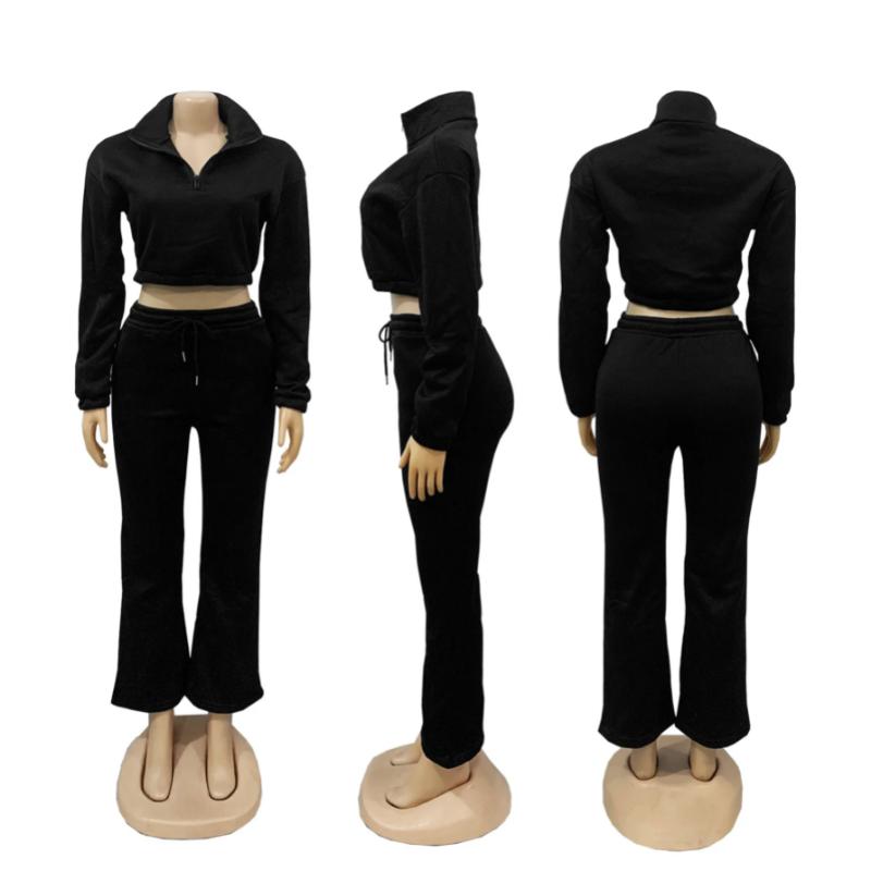Women's Two-piece Zipper Half Collar Waist Cinched Fleece Sweatshirt Tied Rope Pants Set 2026 Autumn Slim Fit Tracksuit Set Crop Tops Flare Pants Set Fit  Tracksuit Set Drawstring Flare  Set Lounge Set with Flare Leggings Lounge Set with Bell Bottoms