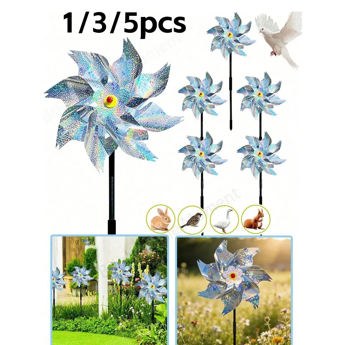 Reflective Windmill Bird Deterrent Set, Silver Color, Garden & Patio Decor, Keeps Birds Away From Homes, Pools, Orchards, Balconies