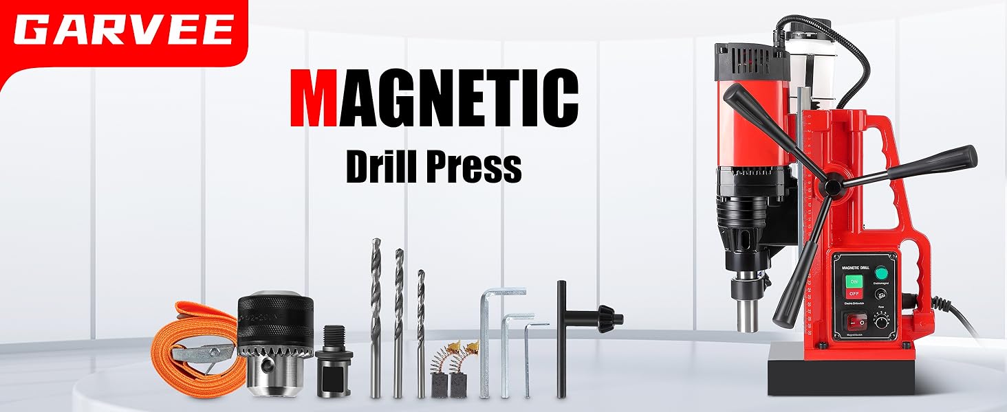 Magnetic Drill Press, 1550W 500RPM Portable Mag Drill Press, 10-Speed Core Drilling Machine for Metal Working, 3Pcs Drill Bits, Red