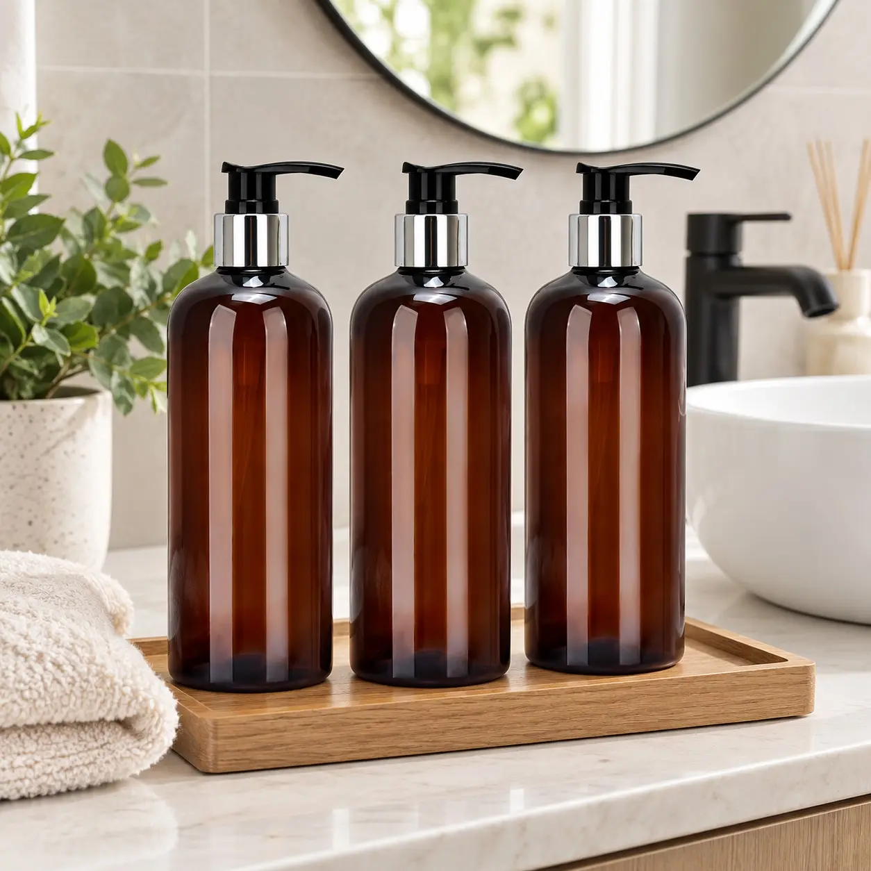 3 Pack Refillable Shampoo and Conditioner Dispenser Bottles, 500ml / 16.9oz Amber Pump Bottles with Silver Collar, Reusable Bathroom Soap Dispensers for Shampoo, Conditioner, Body Wash and Lotion, Soap and Lotion Dispenser Set