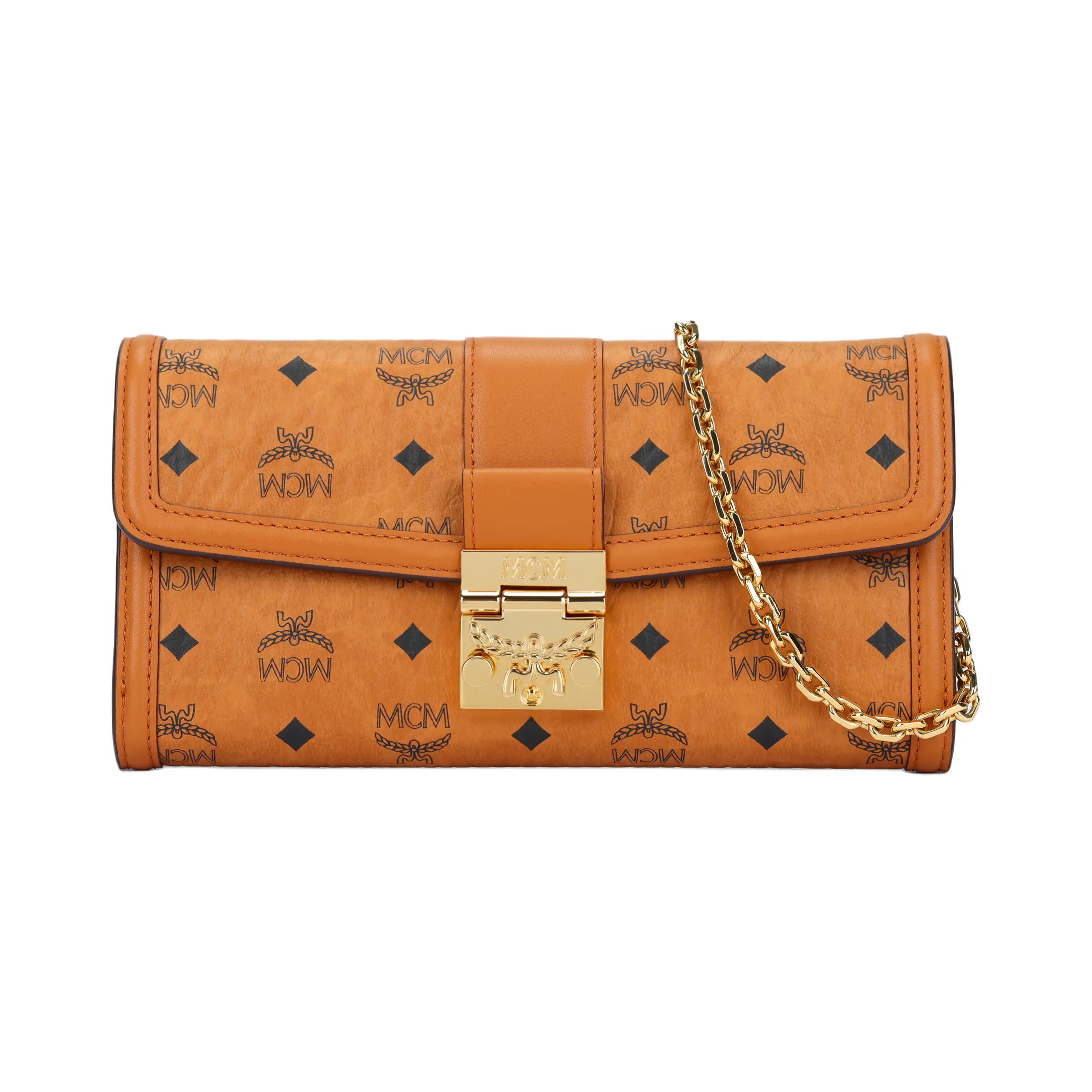 MCM Metallic Logo Monogram Chain-Strap Crossbody Bag for Women, Large Size, Brown Cognac