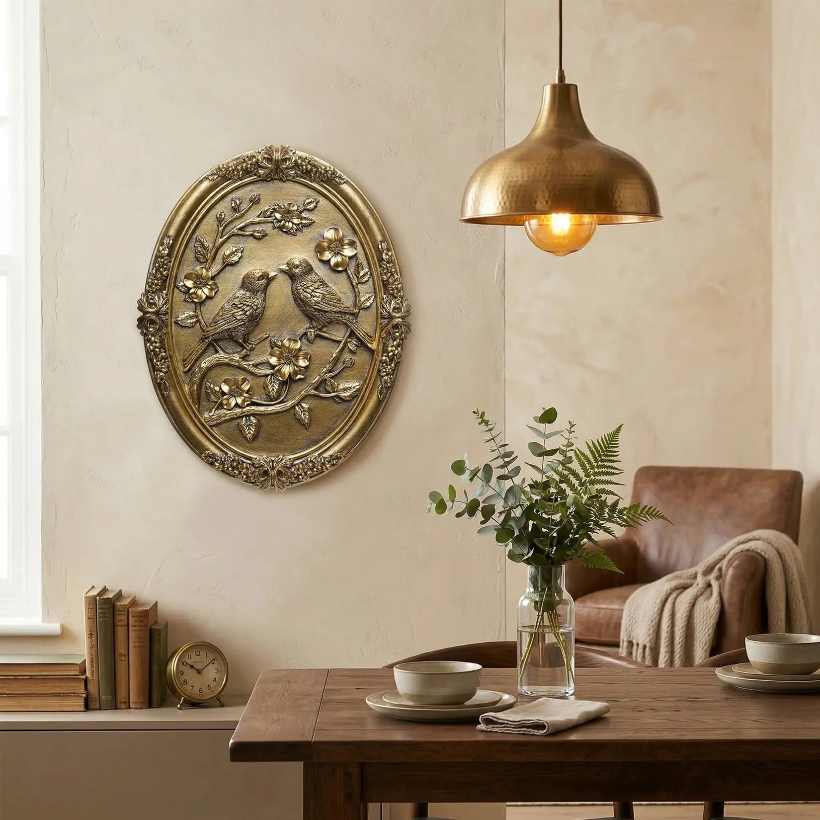 Vintage Bird Wall Sculpture Retro Art Birds Sculpture,Vintage Gold Bird Wall Decor, 3D Resin Oval Wall Sculpture with Embossed Floral & Bird Design, Antique Style Wall Art for Living Room, Bedroom, Farmhouse