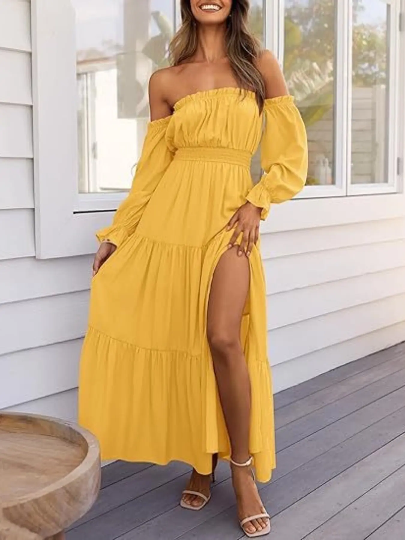 Bohemian Sexy Off-Shoulder Maxi Dress, Boho Chic Long Sleeve Gathered High-Waist, Side Slit Flowy A-Line, Layered Design, Perfect for Summer