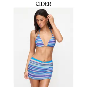 Cider High Stretch Striped Halter Rhinestone Triangle Top & Low Rise Bikini Skirt 3-Piece Bikini Set