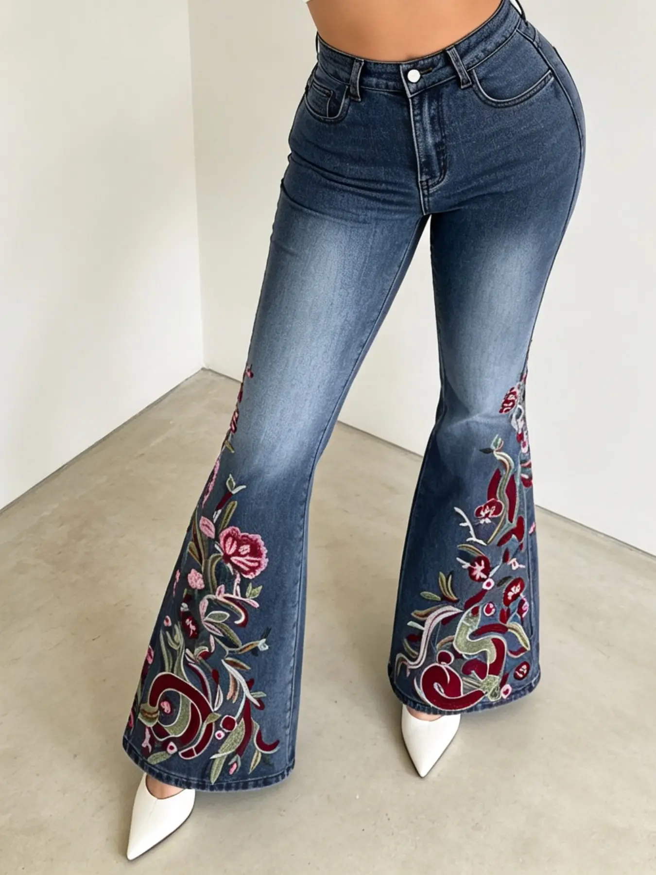 American Vintage Washed Blue Snake Pattern Floral Embroidered Bootcut Jeans, High Waist Fitted Slimming Bell Bottoms, Boho Y2K Style