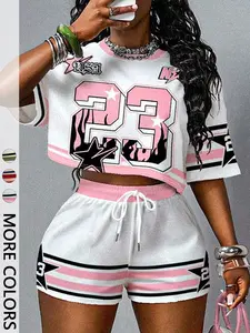 Women's Casual Colorblock Digital Print Short Sleeve Top and Shorts Set, Summer Fall Fashion, Y2K Style, Outdoor Wear, Schoolwear, Home Lounge, Clothes