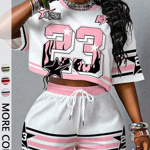 Women's Casual Oversized Baggy Colorblock Digital Print Short Sleeve Top and Shorts Set, Summer & Fall Fashion, Y2K Style Outdoor Wear, School Wear