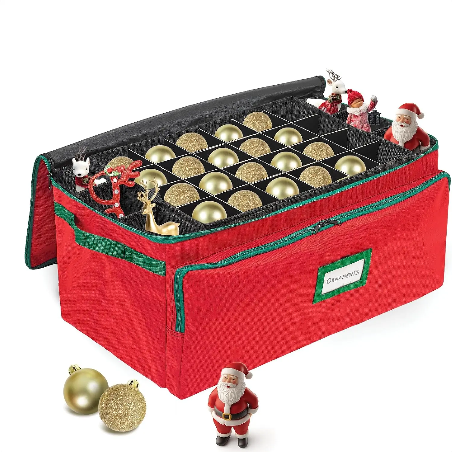 Christmas Ornament  Box – Holds up to 72-3” Ornaments + 6 Side Slots for Figurines & Nutcrackers – Holiday Decoration Organizer – Durable 600D Red Canvas