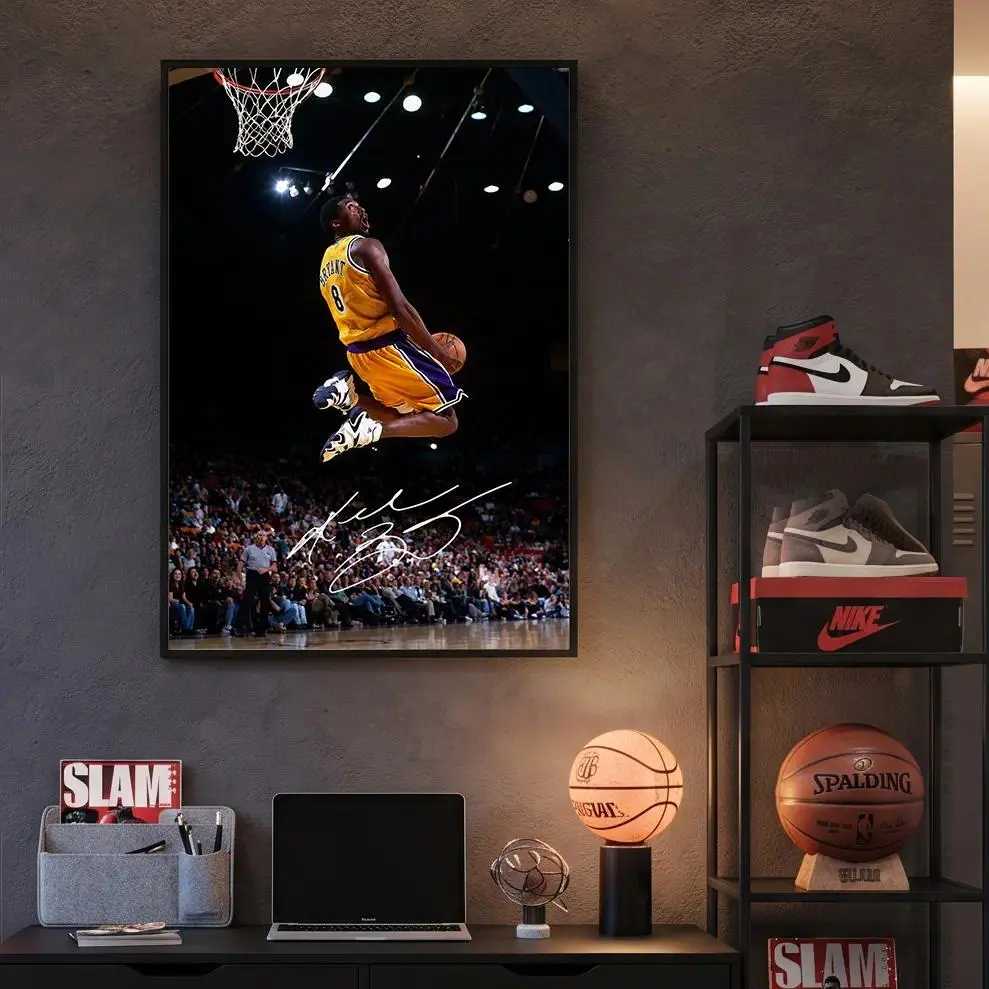 Kobe Bryant No. 8 Dunk Canvas Wall Art, Los Angeles Basketball Legend Poster, Signed Sports Print for Bedroom, Gym, Office and Man Cave, Framed Canvas Decor