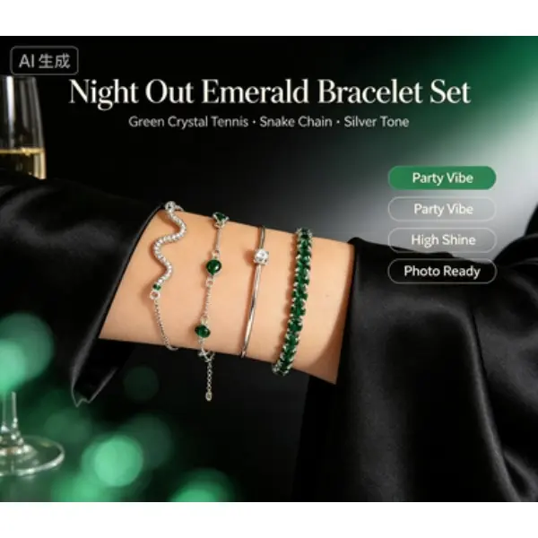 4Pcs Silver Green Emerald Stackable Bracelet Set Snake Chain Tennis Bracelet Women Layering Jewelry