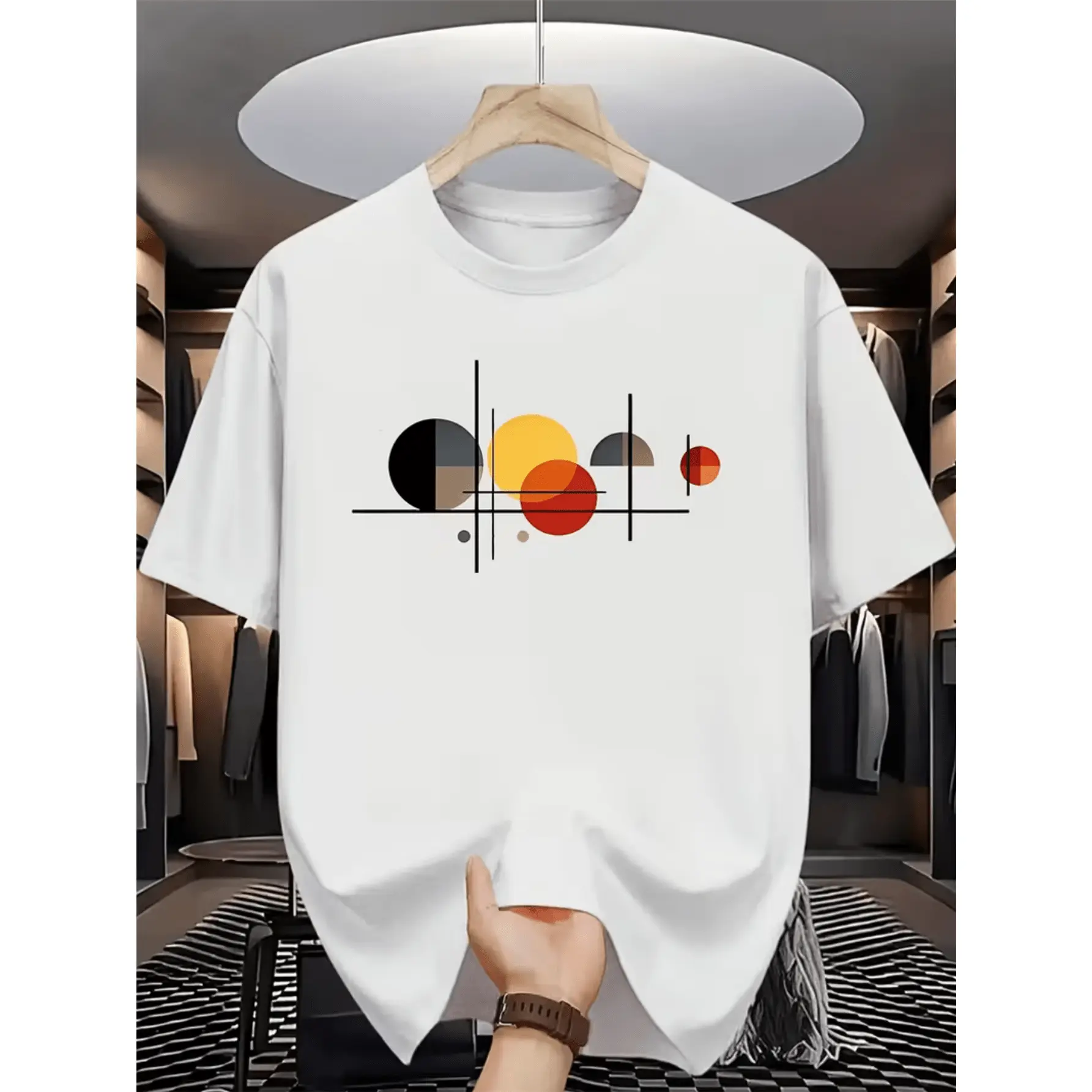 Geometric Circle and Line Combination Design T-Shirt, Summer Casual Versatile Men's Top