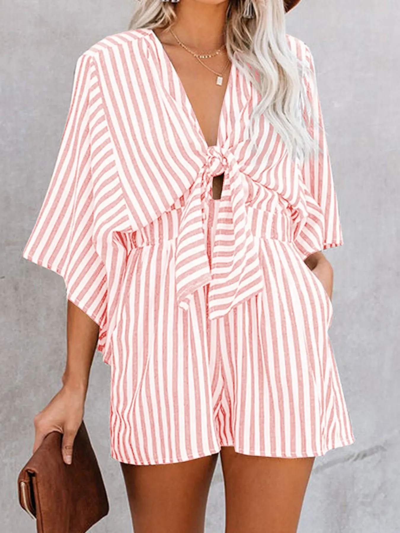 Summer Waist Cinch Slimming Striped Romper, Deep V Neck Flared Sleeve Three-Quarter Pants Romper, Stylish, Casual and Comfortable, Casual Summer Jumpsuit