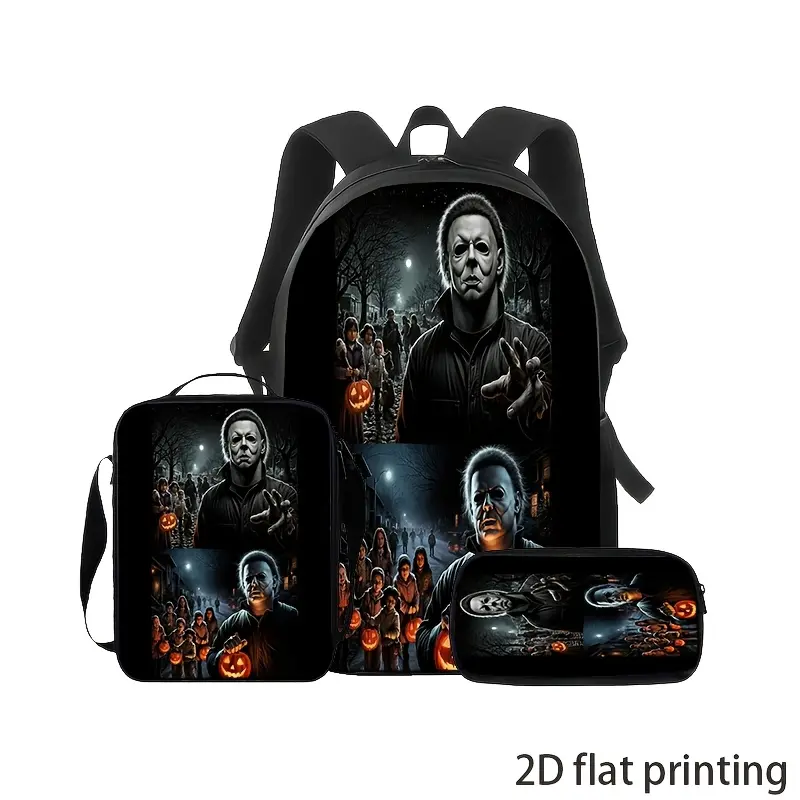 A Three-Piece Set of Horror-Themed Print Bags, Including a Backpack, a Crossbody Bag, And a Pencil Case. The Black Background Features Classic Character Designs