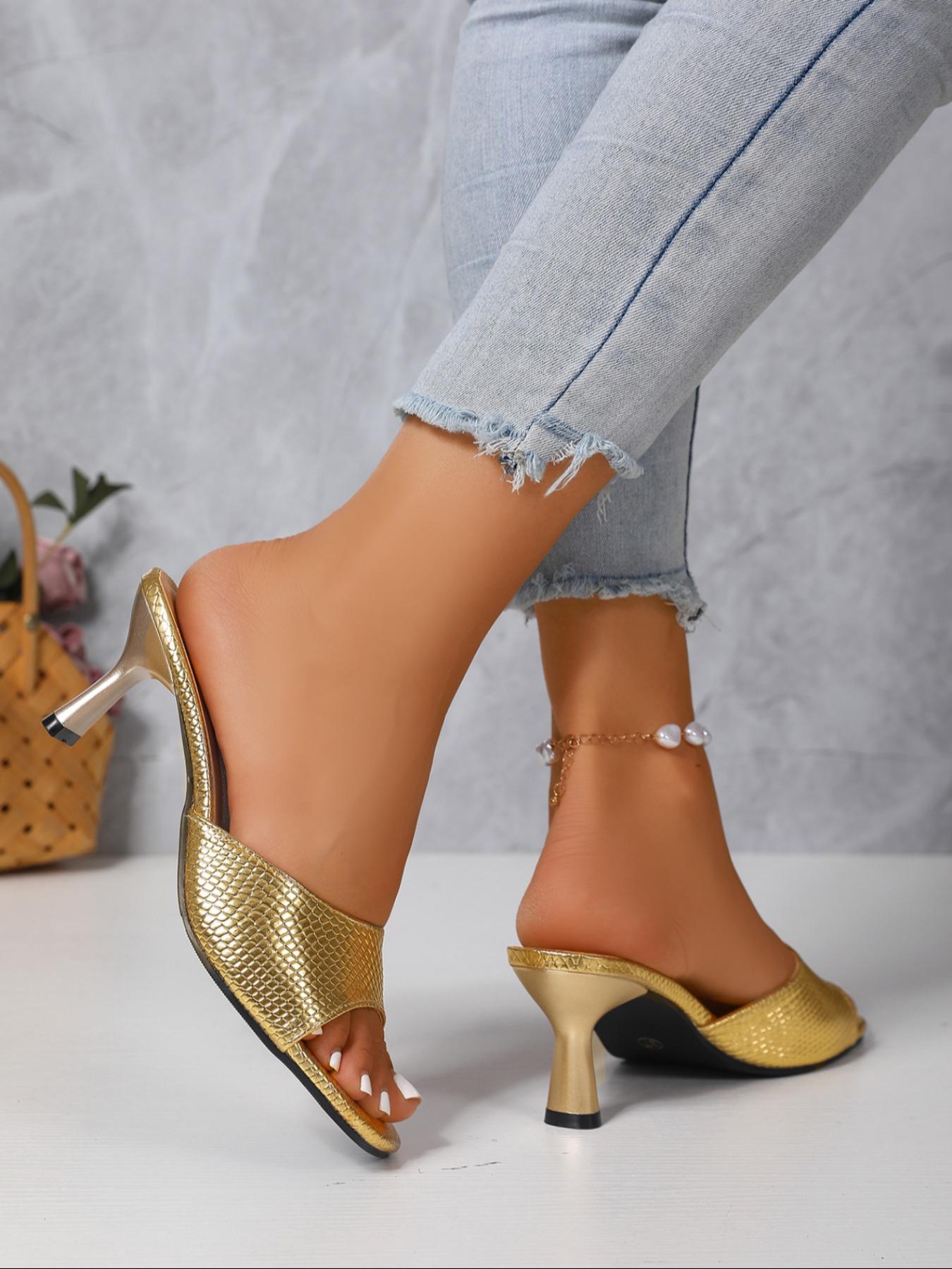 Women's Square-Toe High Heeled Sandals, Summer Casual Shoes with Unique Snakeskin Pattern and Flat Irregular Heel, Stylish and Comfortable Footwear for Daily Wear