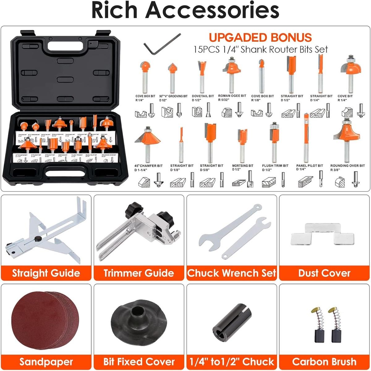 Compact Router, 6.5-Amp 1.25 HP Compact Wood Palm Router Tool, 6 Variable Speeds Wood Trimmer with 15 Pieces 1/4" Router Bits Set edge guide router bit wood router