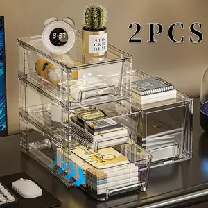 2pcs Stackable Transparent Storage Boxes, Durable Pet Plastic, Modern Design, Large Capacity, Easy Access, Drug & Toy Organizer