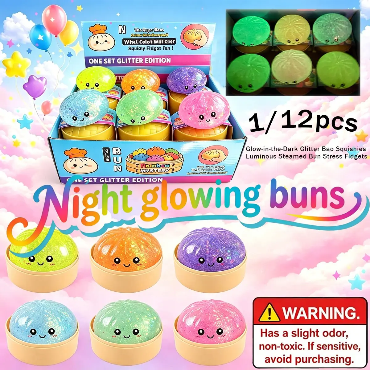 1/12PCS Night Glowing Dumpling Squeezing Toy, Colorful Pressure Ball, Fidget Sensory Toy, Soft Dumpling Shaped Elastic Sensory Stress Relief Ball, Suitable for Children and Adults, Birthday Gifts, Party Gifts, Classroom Prizes