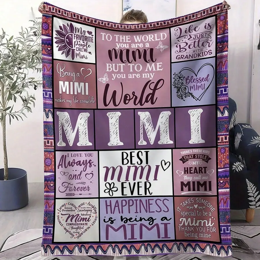Best MIMI Purple Patchwork Inspirational Quote Flannel Blanket Soft Plush Warm Throw Blanket, Grandma Mimi Sweet Sentiment Boho Border Decorative Couch Bedroom Nap Blanket, Giftable Mimi Grandma Grandmother Comfort Blanket for All Seasons